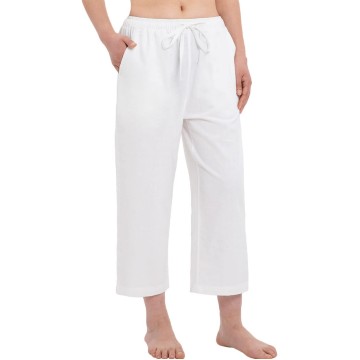 Women's Cotton Linen Drawstring Elastic Waist Loose Wide Leg Cropped Pants with Pockets