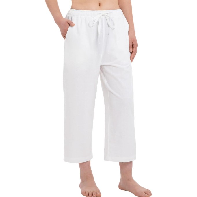 Women's Cotton Linen Drawstring Elastic Waist Loose Wide Leg Cropped Pants with Pockets
