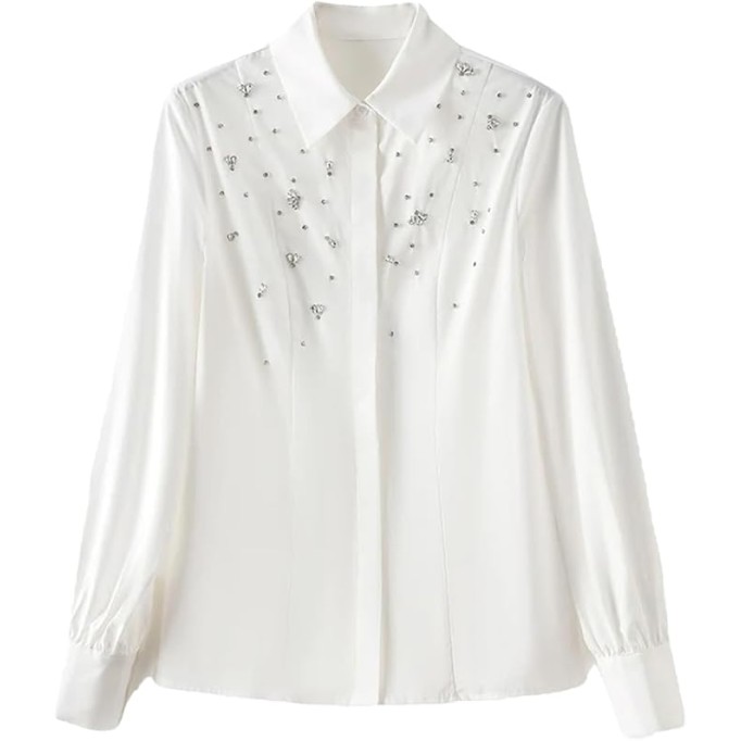 Women Elegant Turn-Down Collar Long Sleeve Shirt Cotton Blouse
