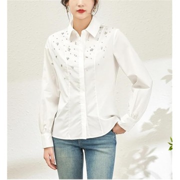 Women Elegant Turn-Down Collar Long Sleeve Shirt Cotton Blouse