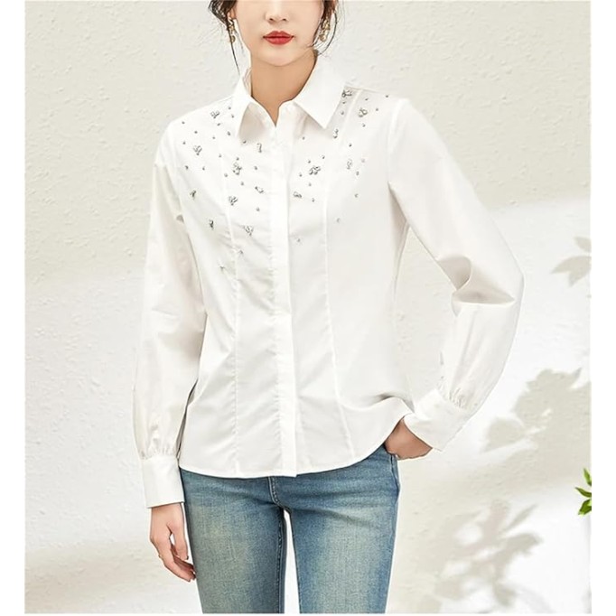 Women Elegant Turn-Down Collar Long Sleeve Shirt Cotton Blouse