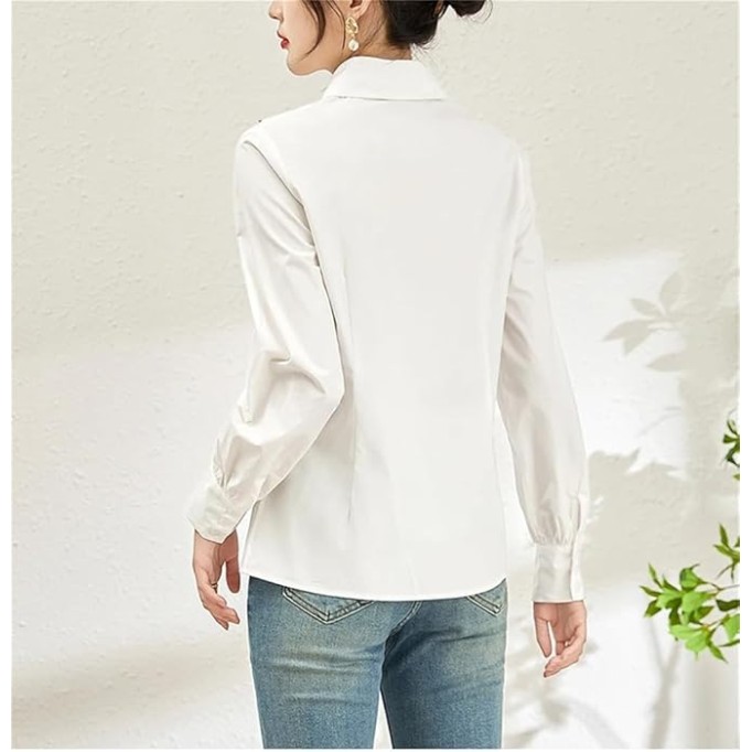 Women Elegant Turn-Down Collar Long Sleeve Shirt Cotton Blouse