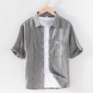 Men's Striped Short Sleeve Shirt - Square Collar, Cotton Renbom