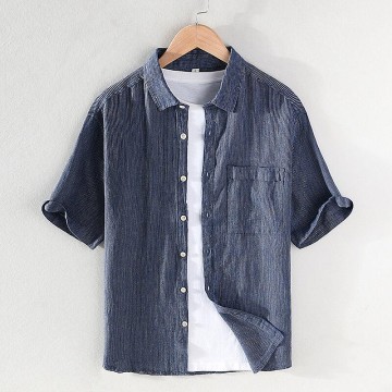 Men's Striped Short Sleeve Shirt - Square Collar, Cotton Renbom