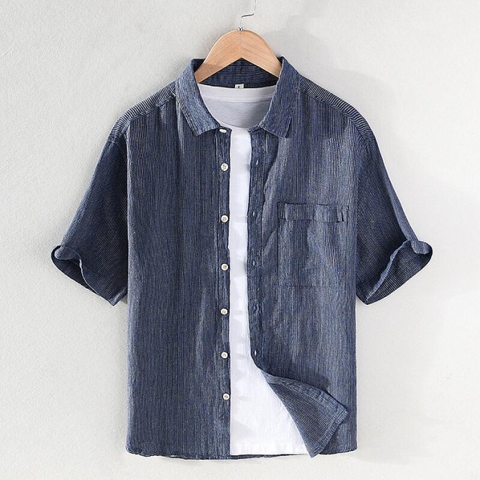 Men's Striped Short Sleeve Shirt - Square Collar, Cotton Renbom