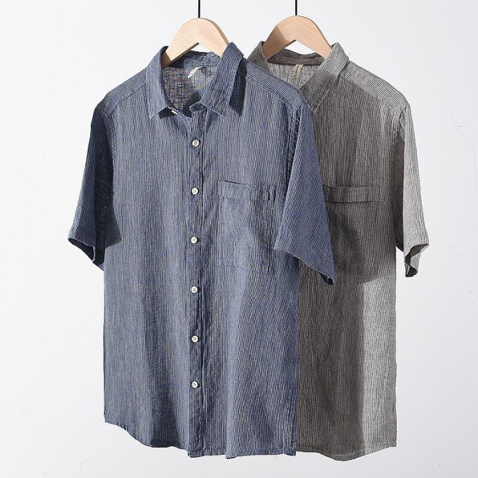 Men's Striped Short Sleeve Shirt - Square Collar, Cotton Renbom