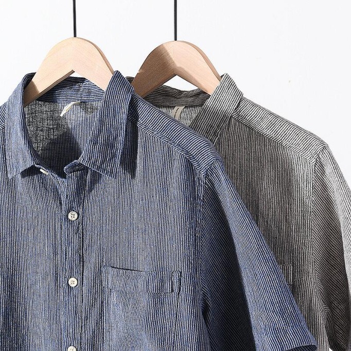 Men's Striped Short Sleeve Shirt - Square Collar, Cotton Renbom