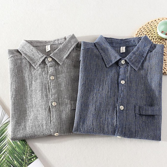 Men's Striped Short Sleeve Shirt - Square Collar, Cotton Renbom