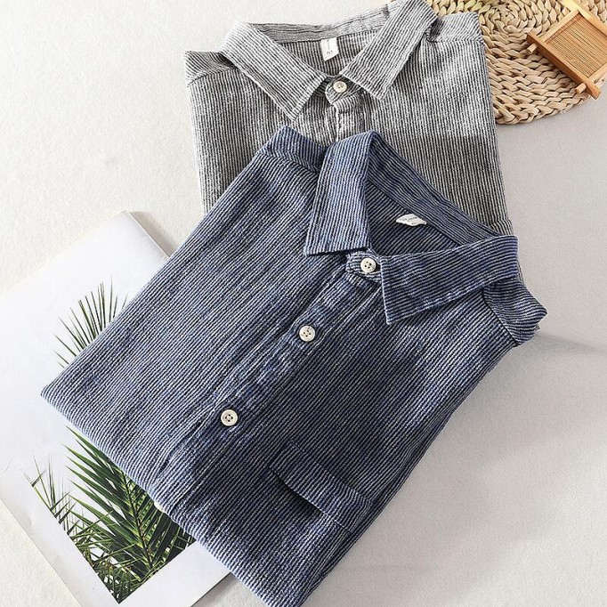 Men's Striped Short Sleeve Shirt - Square Collar, Cotton Renbom