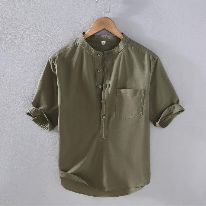 Men's Vintage Stand Collar Renbom Shirt - Mid Sleeve