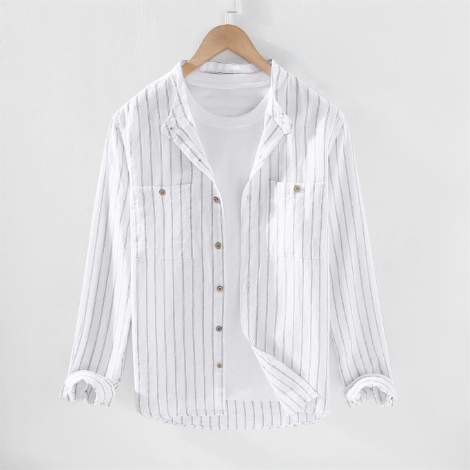 Men's Striped Stand Collar Cotton Renbom Shirt