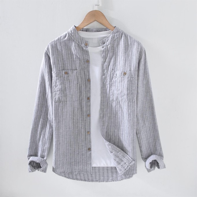 Men's Striped Stand Collar Cotton Renbom Shirt
