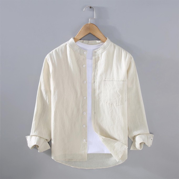 Men's Pure Renbom Long Sleeve Shirt - Stand Collar, Loose Fit