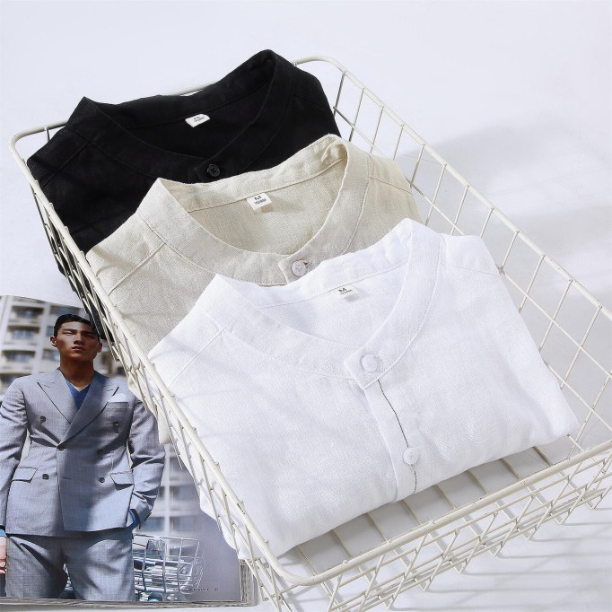 Men's Pure Renbom Long Sleeve Shirt - Stand Collar, Loose Fit