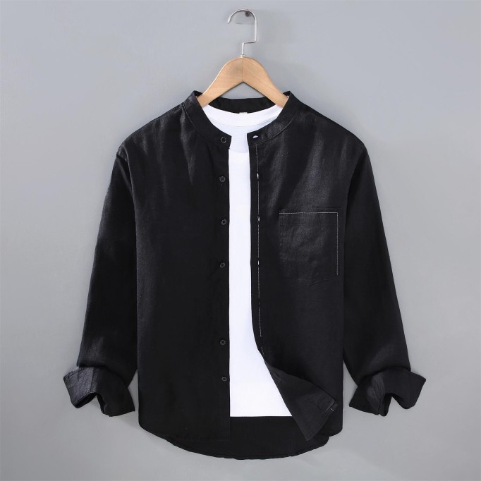 Men's Pure Renbom Long Sleeve Shirt - Stand Collar, Loose Fit