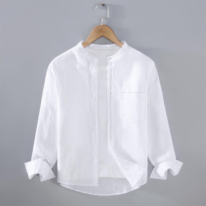 Men's Pure Renbom Long Sleeve Shirt - Stand Collar, Loose Fit