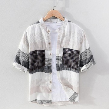 Men's Striped Renbom Shirt - Stand Collar, Half Sleeve