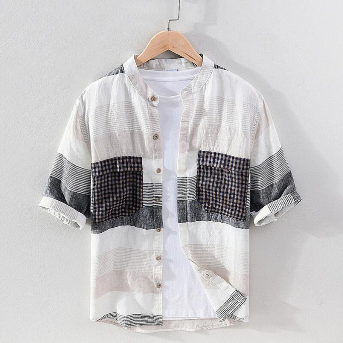 Men's Striped Renbom Shirt - Stand Collar, Half Sleeve