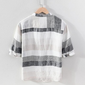 Men's Striped Renbom Shirt - Stand Collar, Half Sleeve