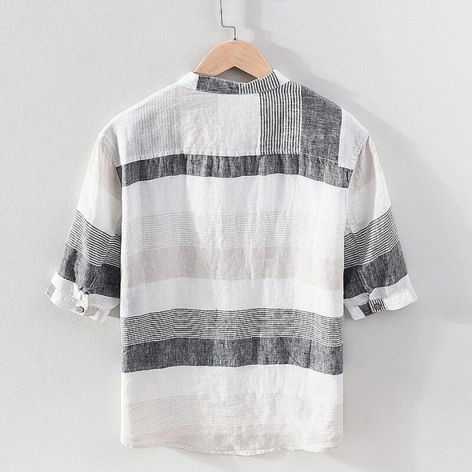 Men's Striped Renbom Shirt - Stand Collar, Half Sleeve