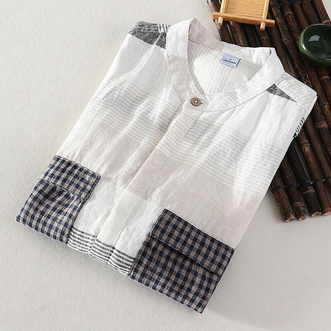 Men's Striped Renbom Shirt - Stand Collar, Half Sleeve