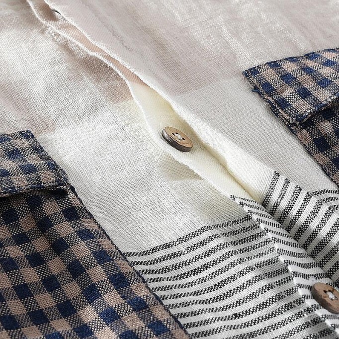 Men's Striped Renbom Shirt - Stand Collar, Half Sleeve
