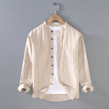 Stand Collar Cotton Renbom Striped Long-Sleeved Shirt