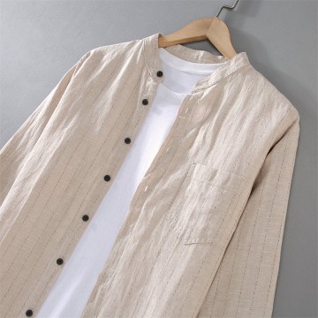 Stand Collar Cotton Renbom Striped Long-Sleeved Shirt