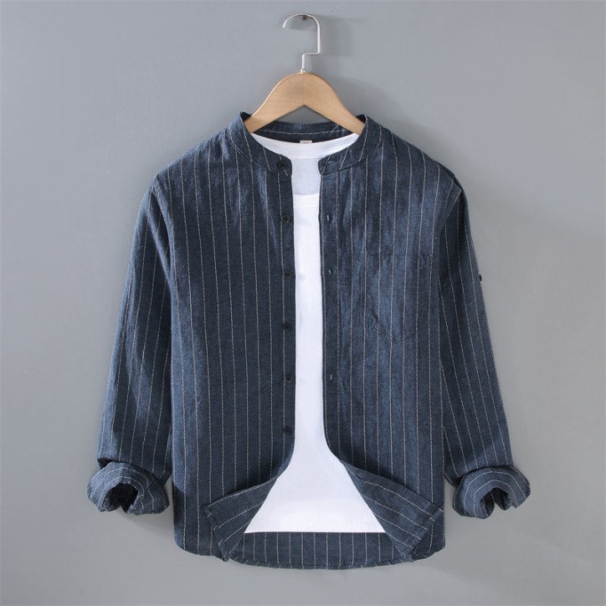 Stand Collar Cotton Renbom Striped Long-Sleeved Shirt