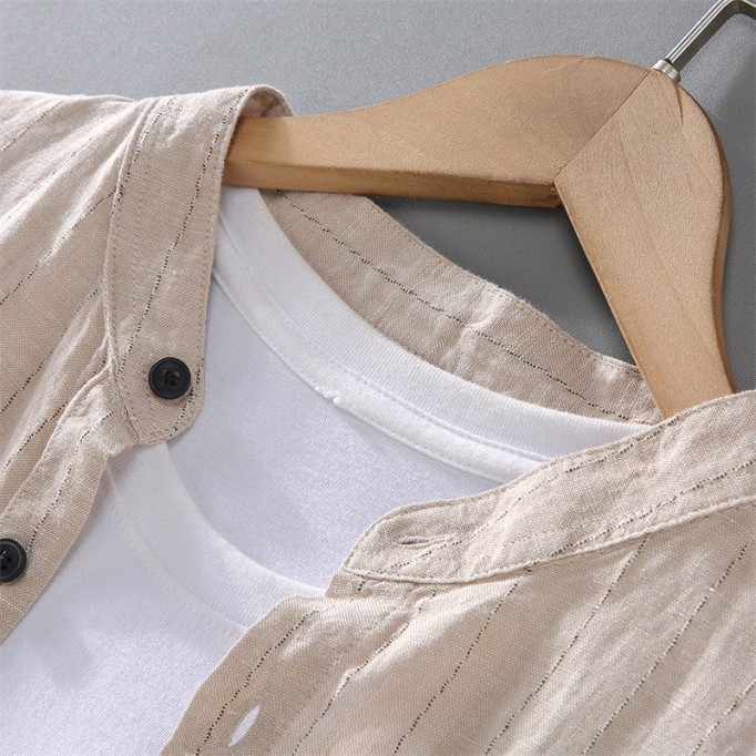 Stand Collar Cotton Renbom Striped Long-Sleeved Shirt
