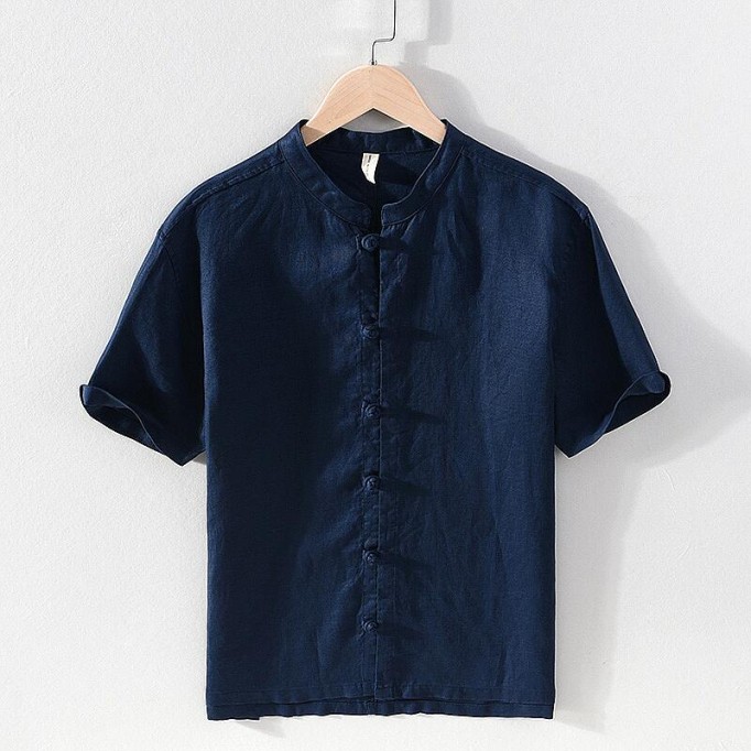 Vintage Renbom Button-up Shirt - Stand Collar, Casual, 3/4 Sleeve