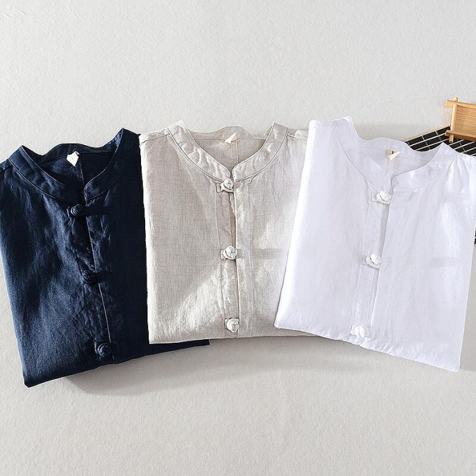 Vintage Renbom Button-up Shirt - Stand Collar, Casual, 3/4 Sleeve