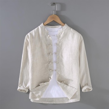 Men's Relaxed Fit Stand Collar Renbom Long Sleeve Shirt