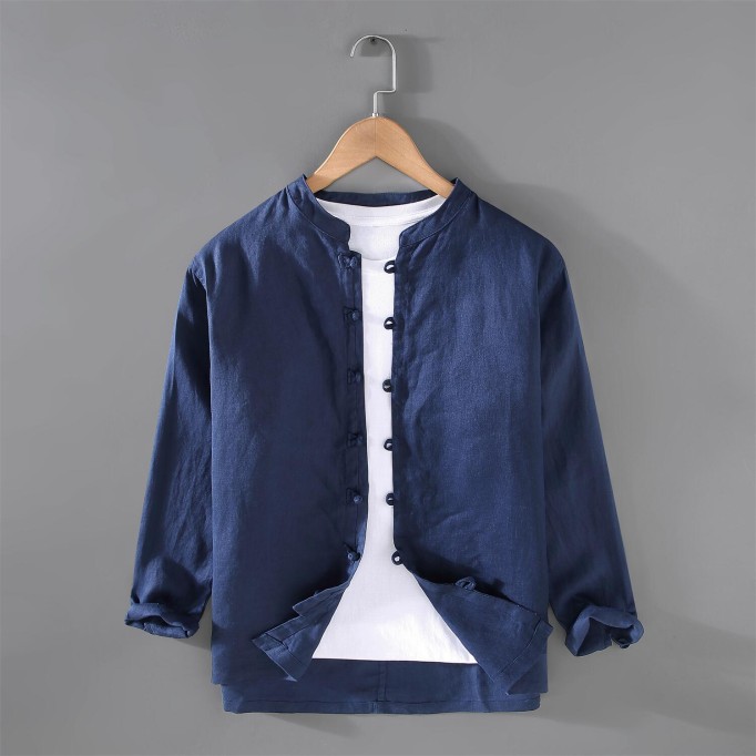 Men's Relaxed Fit Stand Collar Renbom Long Sleeve Shirt