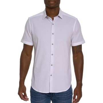 Men Shark BITE Short Sleeve Button Down Shirt, White, Medium