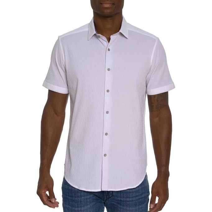 Men Shark BITE Short Sleeve Button Down Shirt, White, Medium