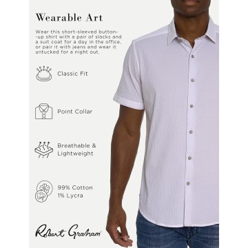 Men Shark BITE Short Sleeve Button Down Shirt, White, Medium