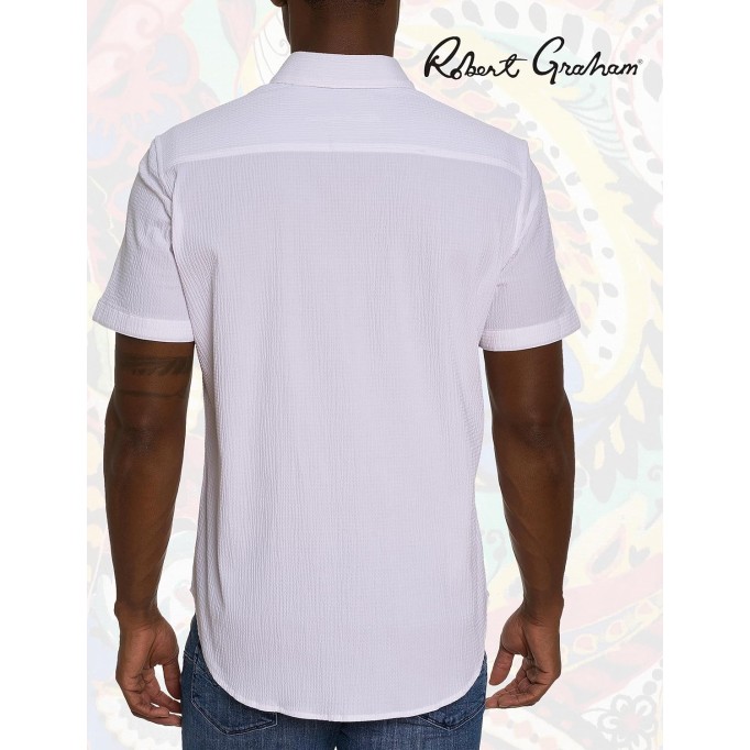 Men Shark BITE Short Sleeve Button Down Shirt, White, Medium