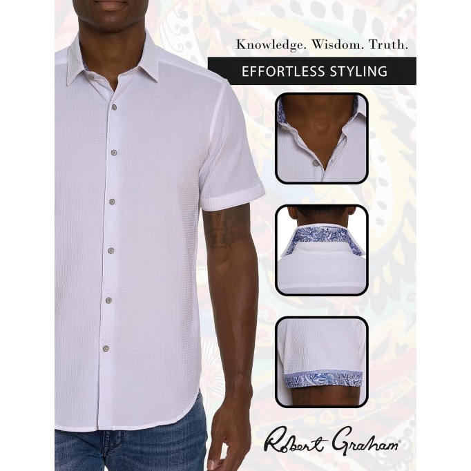 Men Shark BITE Short Sleeve Button Down Shirt, White, Medium