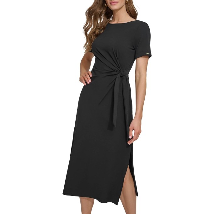 Women's Front Tie Boat Neck Short Sleeve Dress